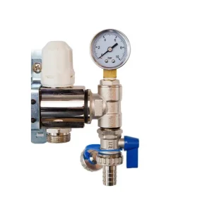 manifold end section showing drain port and pressure gauge