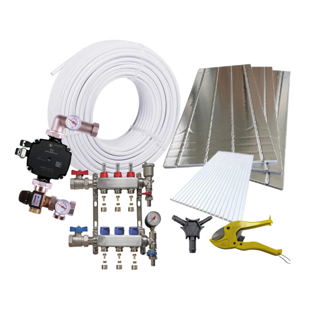 Materials in an underfloor heating kit for a overlay system