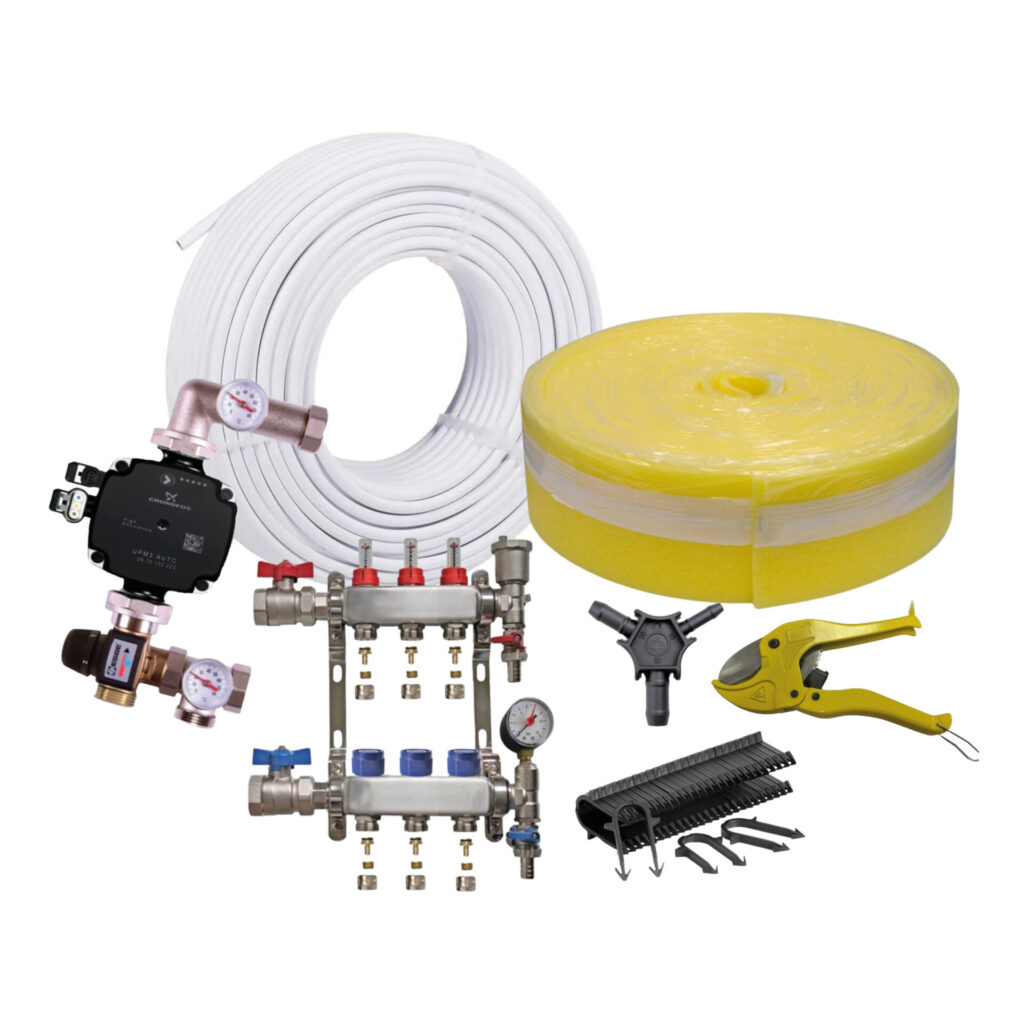 Materials in an underfloor heating kit for a screed system