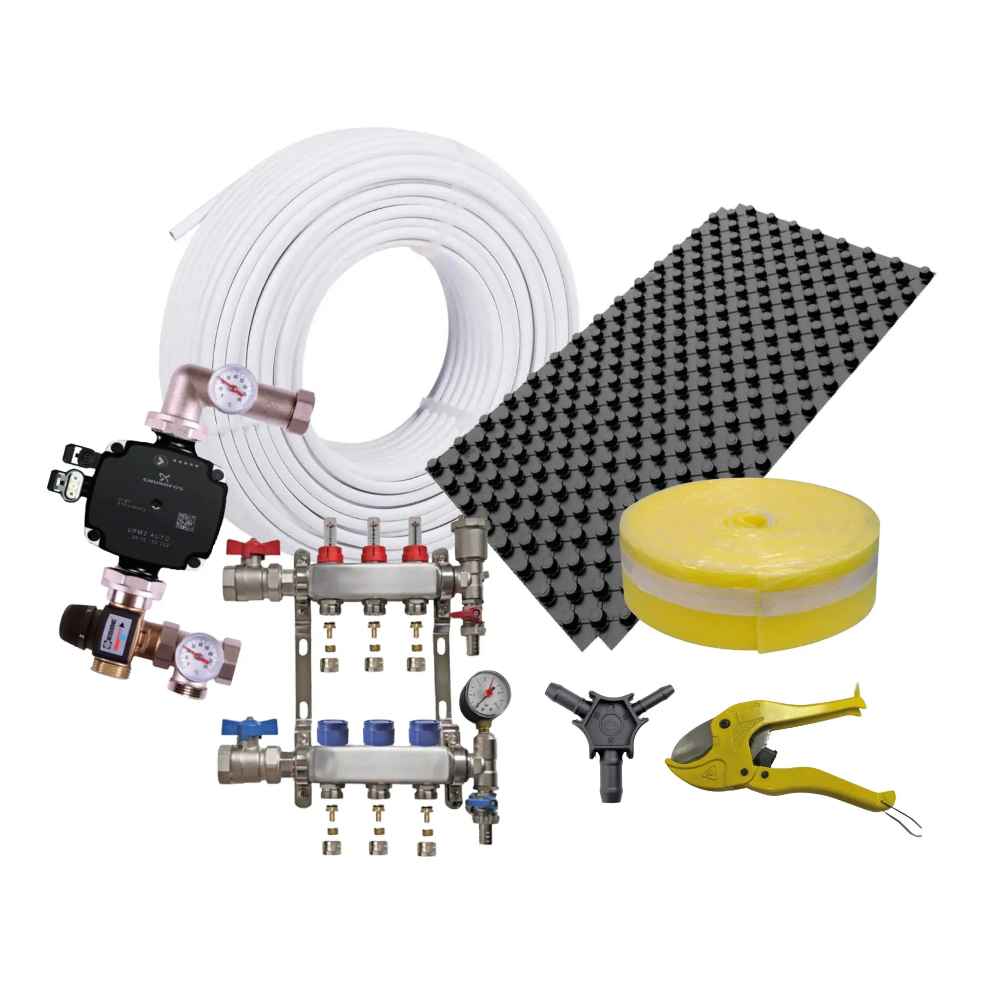 Complete wet underfloor heating kit components for screed system