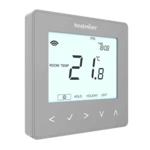 Wired Heatmiser neoStat V2 thermostat for underfloor heating in silver.