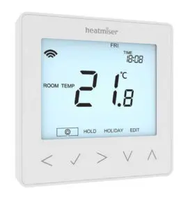 Wired Heatmiser neoStat V2 thermostat for underfloor heating in white.
