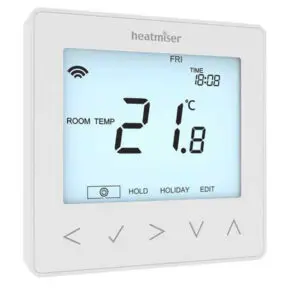 Wired Heatmiser neoStat V2 thermostat for underfloor heating in white.