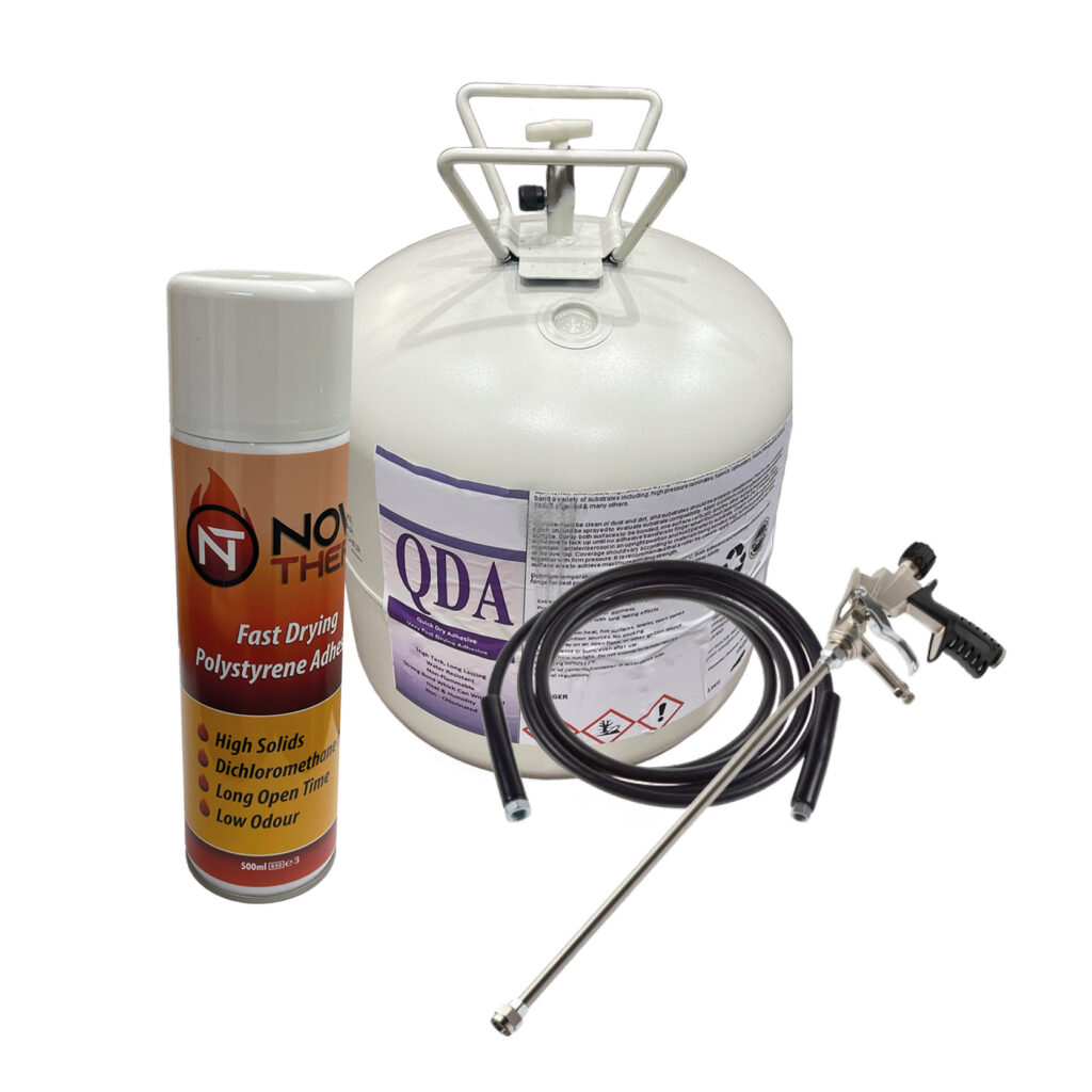 Small 5L can, large 13kg canister of spray adhesive for insulation boards