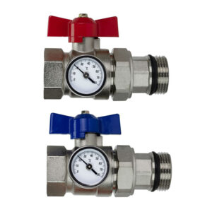 red and blue ball valves with temperature gauges